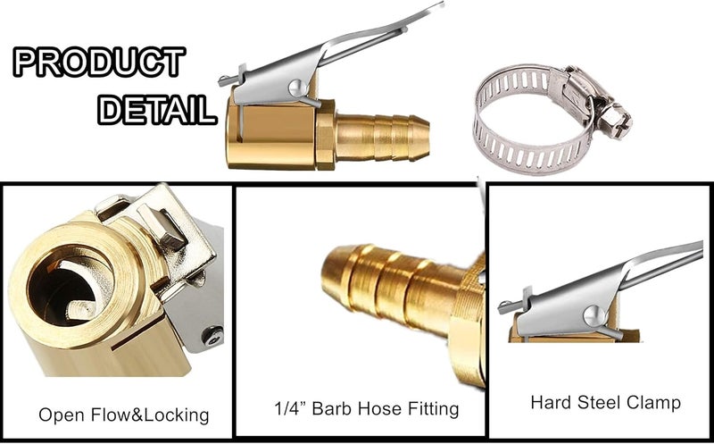 LDCRE Tire Air Chuck Adapter with Clip,1/4" Brass American Type Thread Pump Nozzle，Locking Tire Inflator Adapter Connect, Air Compressor Tire Chuck Hose End with Barb Connector for Hose Repair 1PC - Image 3